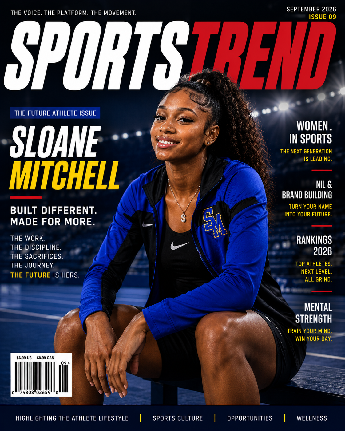 SPORTSTREND September 2026 cover featuring Sloane Mitchell — Built different. Made for more.